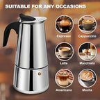 4 Cup Stovetop Espresso Maker Stainless Steel Moka Pot Stove Top Percolator Italian Coffee Makers Capable Mocha Greca Machine Cafe Classic Induction Cookers for Home and Camping 200ml 6.6oz