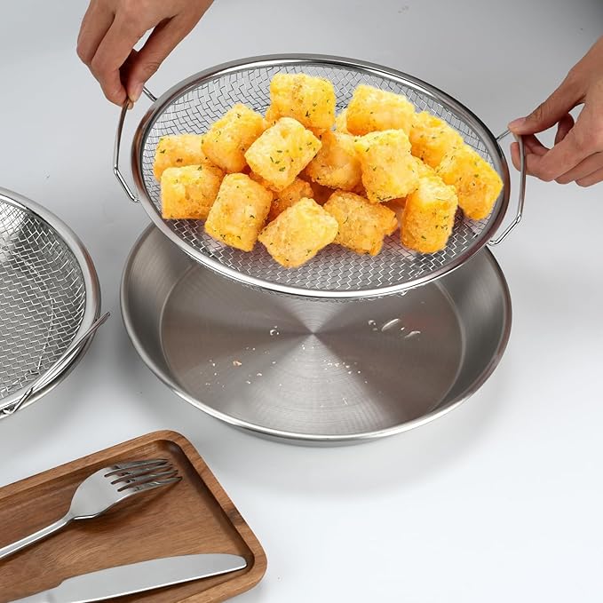 Oil Filter Tray, Stainless Steel Mesh Drain Basket Colanders Air Fryer Accessories for Fried Food Draining Rack Barbecue Grill Tray Net Draining Pan Strainer for Vegetable Dessert (9.5 Inch)