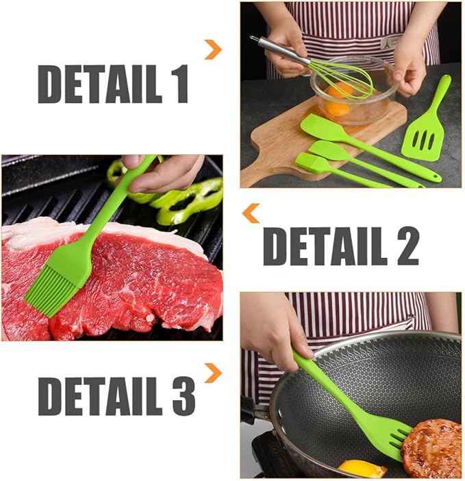 Silicone Baking Utensil Set 5pcs Egg Whisk and Spatula, Green Food-grade Non-stick Cooking Tools for Kitchen Baking and Cooking