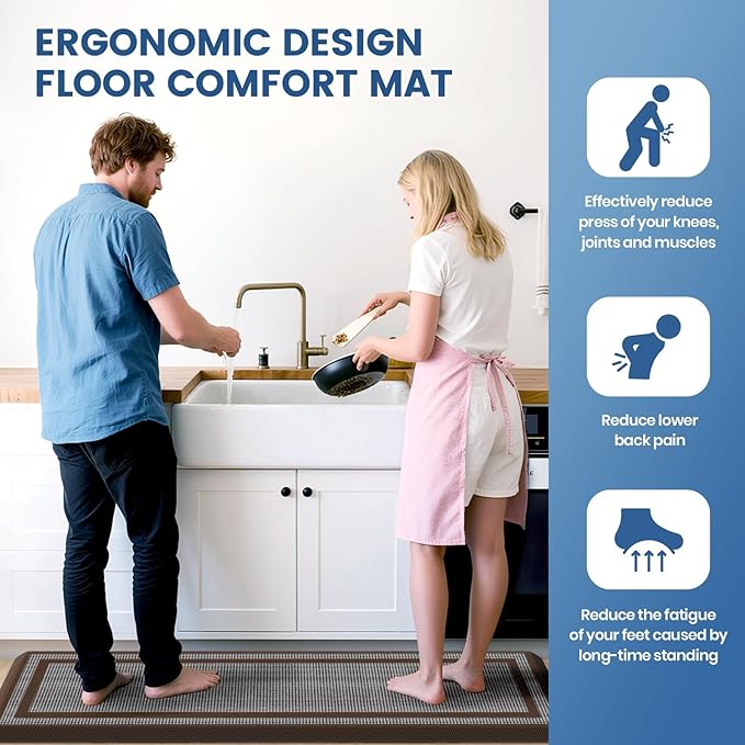 KitchenClouds [2 PCS Kitchen Rugs Cushioned Anti-Fatigue Kitchen Mats for Floor Waterproof Kitchen Rug Set Non-Slip Comfort Standing Mat for Office, Sink, Laundry 20"×30"+20"×60",Chocolate