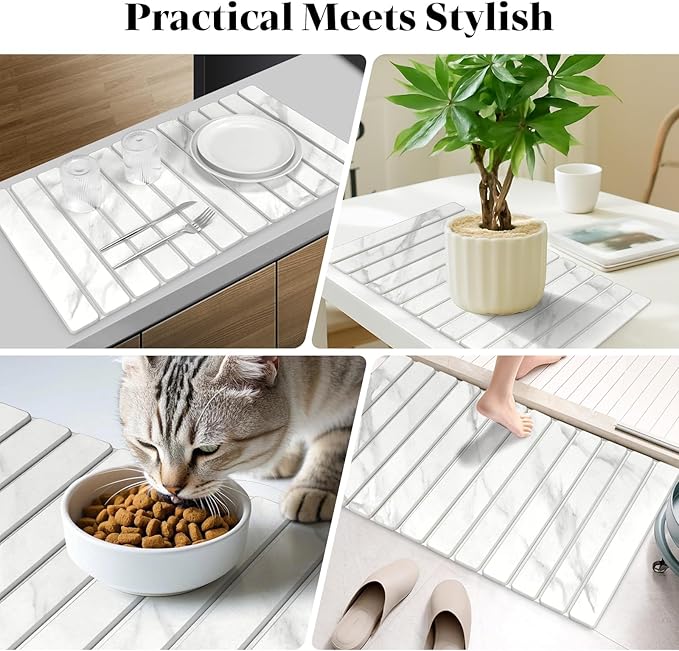 Large Stone Dish Drying Mats for Kitchen Counter, 28"(L)×16"(W) Marble-Pattern, Collapsible Quick Drying Dish Mats, Ultra Absorbent Diatomaceous Earth Mats for Dishes , Match Any Countertop