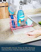 Consumest Sponge Holder for Kitchen Sink - Kitchen Sink Caddy Organizer with Removable Drip Tray for Countertop Dish Soap Dispenser Brush Storage Accessories 304 Stainless Steel, Pink