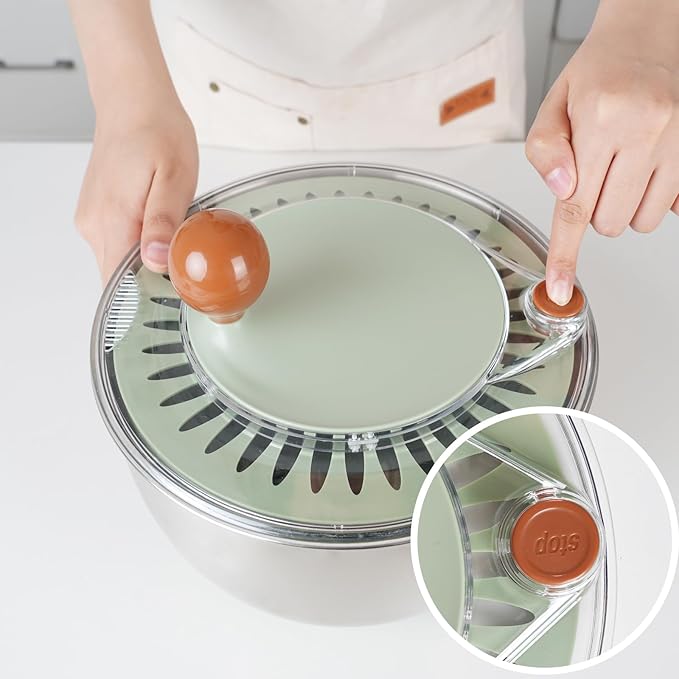 Stainless Steel Salad Spinner, 5.3 Qt Lettuce Spinner with Non-Slip Base, Drain and Stop Button, Fruit and Vegetable Washer and Dryer Spinner