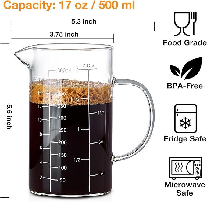 500ML 2 CUP Glass Liquid Measuring Cup With Handle, High Borosilicate Glass Three Scales (OZ, Cup, ML/CC) for Kitchen or Restaurant, V-Shaped Spout Glass Measuring Beaker, Easy To Read