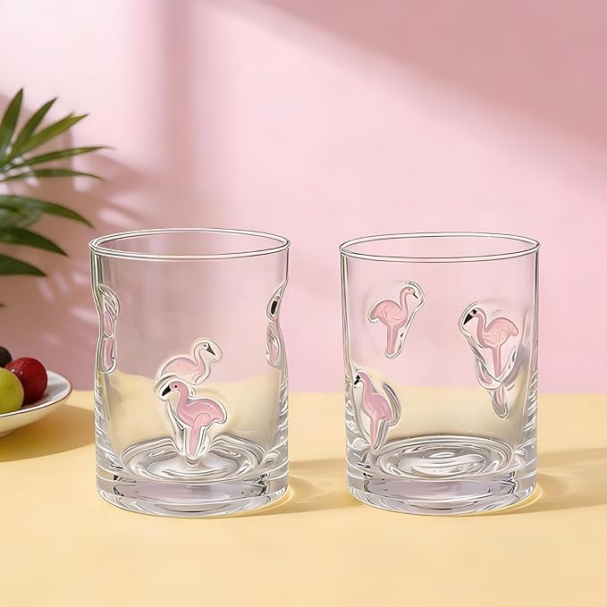 Skylety 2 Pcs Flamingo Icon Juice Glasses Drinking Cups Flamingo Gifts Old Fashioned Stemless Wine Glasses 13.5 oz Whiskey Cocktail Coffee Mugs for Summer Christmas Party Gift Decor