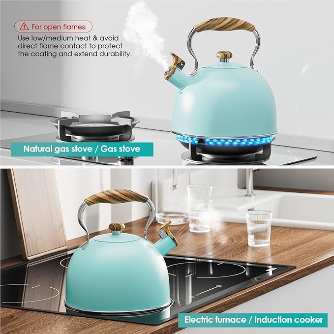 2.6 Quart Tea Kettle Stovetop Whistling for Stove Top, Food Grade Stainless Steel Tea Kettles with Cool Wood Pattern Handle, Blue