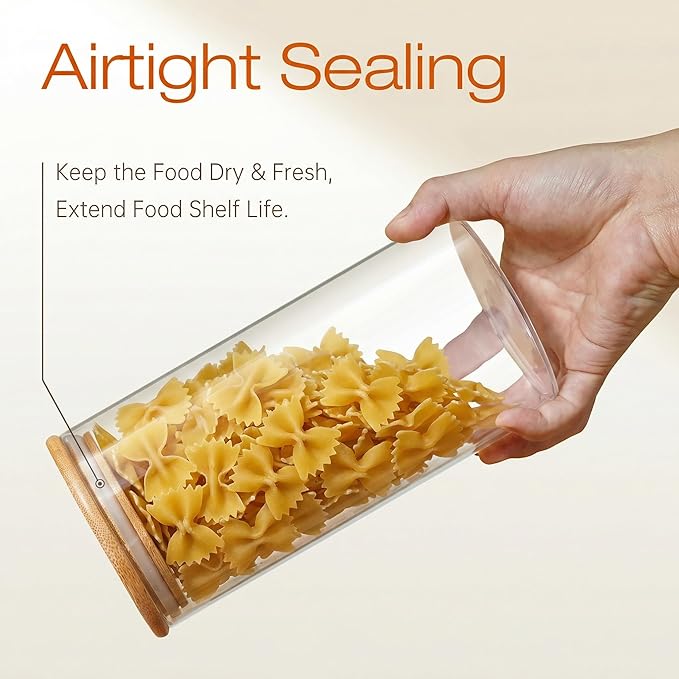 45oz - 3 Pack Glass Jars with Bamboo Lids, Glass Pantry Storage Containers with Airtight Lids, Round Air Tigh Food Storage Canisters for Cereal, Pasta, Flour, Sugar, Rice, Best for Kitchen Organizer