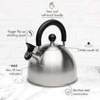 Primula Stewart Whistling Stovetop Tea Kettle Food Grade Stainless Steel, Hot Water Fast to Boil, Cool Touch Folding, 1.5-Quart, Brushed with Black Handle (Pack of 4)