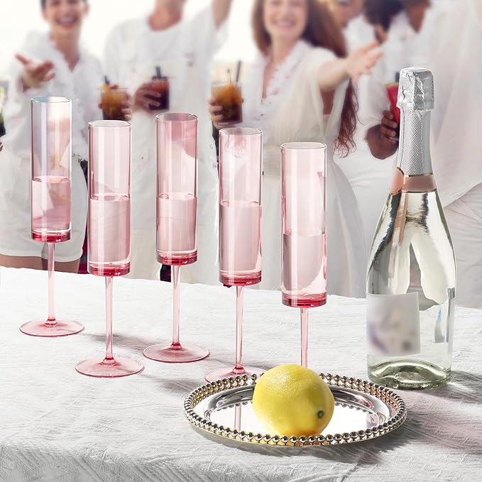 50 PCS Pink Champagne Flutes Plastic 5.4 OZ Clear Acrylic Champagne Flutes Sparkling Wine Glasses Wedding Table Decorations Reusable For Valentines Toasting Engagement Party Supplies