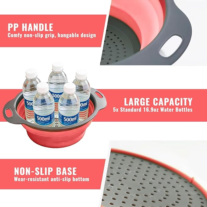 Collapsible Colander Set of 2, Folding Kitchen Strainers with Handles, Space-Saving Over-the-Sink Drainers for Pasta, Veggies & Fruit, BPA-Free, Dishwasher Safe, RV & Camping (Red)