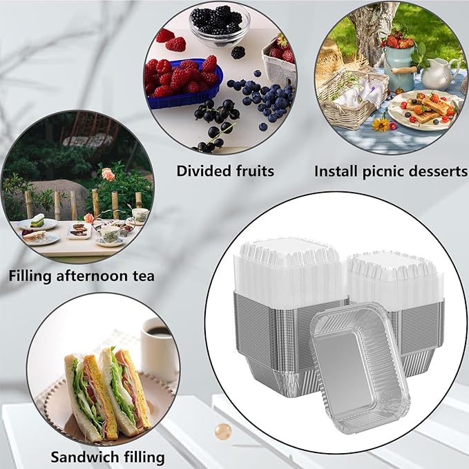 iHomeSet 200 Pack 1 lb Rectangular Disposable Aluminum Foil Pan 16 oz Take Out Food Containers with Clear Plastic Dome Lids, for Catering, Baking, Roasting Food