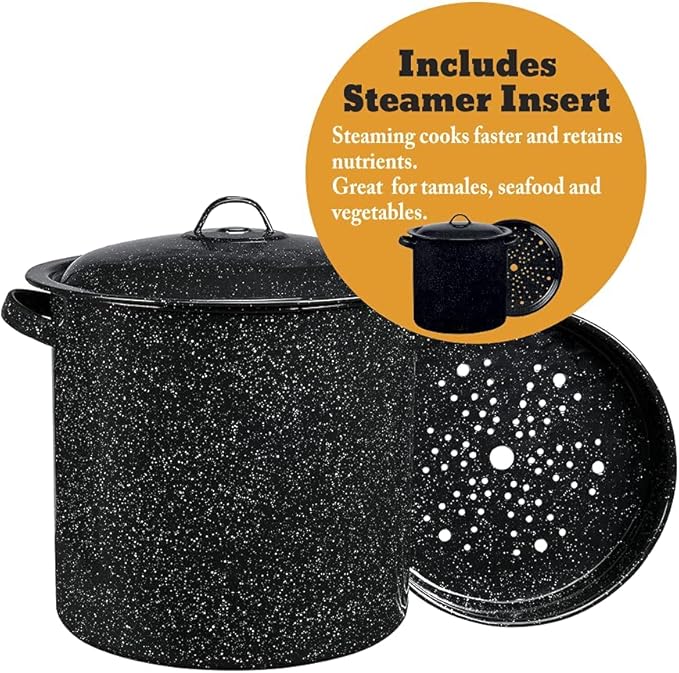 Granite Ware 15.5 Qt Steamer Pot With Rack, Black - Multi-Tier Steam Pot for Cooking Tamales, Seafood, Vegetables - Durable Porcelain Cookware with Steel Core - Everyday Versatile Cookware