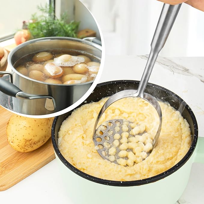 2Pcs Long Handle Large Potato Smasher with Peeler,Mashed Potato Masher,Stainless Steel Masher Kitchen Tool for Bean,Vegetable,Food,Fruit,Salad
