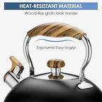 2.6 Quart Whistling Tea Kettle for Stovetop, Food Grade Stainless Steel with Cool Wood Pattern Handle, Induction Compatible, Black