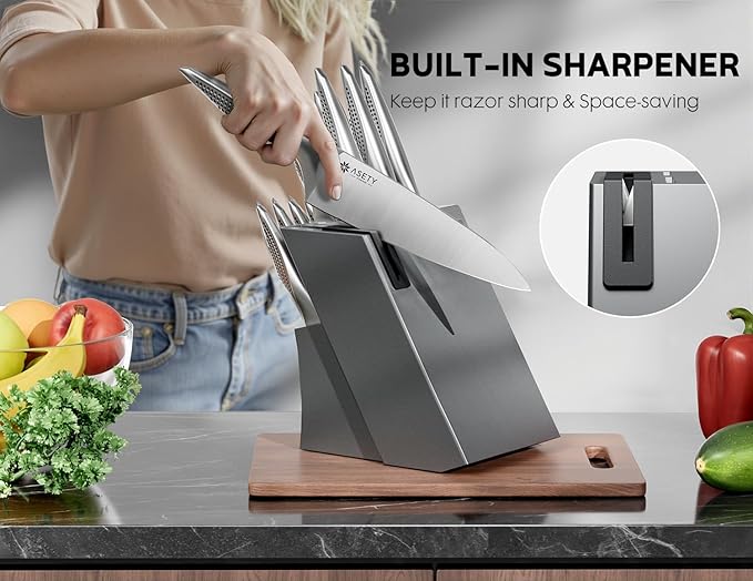 ASETY Knife Set - Ultra Sharp Knives Set for Kitchen with block, 15 PCS Stainless Steel Knife Set with Built-in Sharpener, Ergonomic Non-Slip Handle, Elegant Box for Men Women