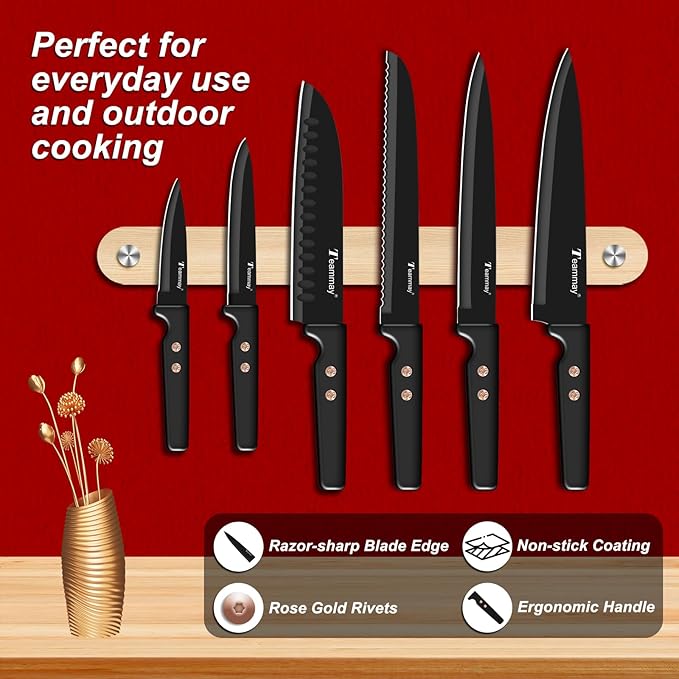 12-Piece Kitchen Knife Set, Stainless Steel Knives with Non-Stick Coating, Dishwasher Safe, Black Knife Set with Rose Gold Rivets 6 Blade Guards, Perfect for Home Chefs Cooking Enthusiasts