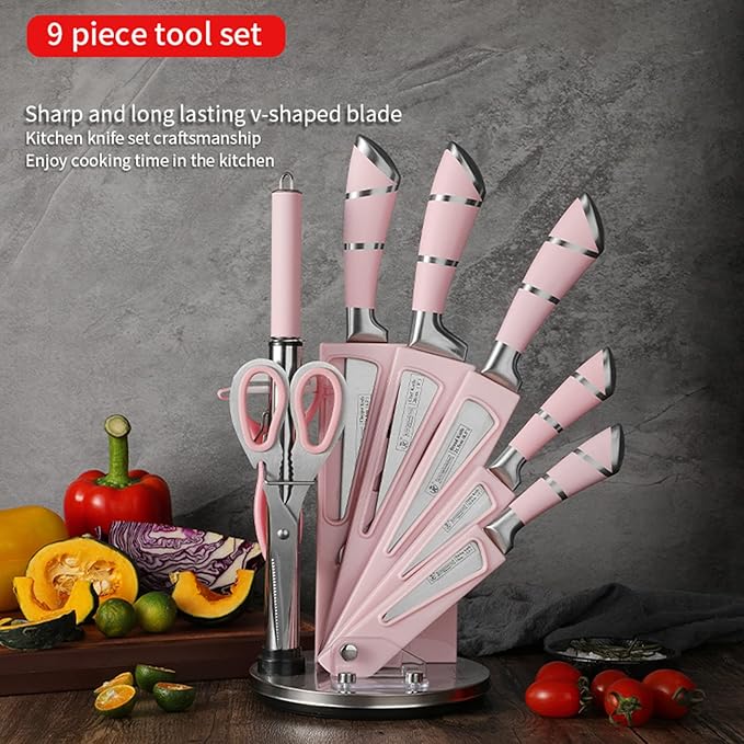 Pink Kitchen Knife Set, 9-Piece - Non-Stick, Sharp, High Carbon Stainless Steel Knives with Acrylic Block - Perfect for Meat Slicing, Chopping - Ideal Kitchen Gifts for Women