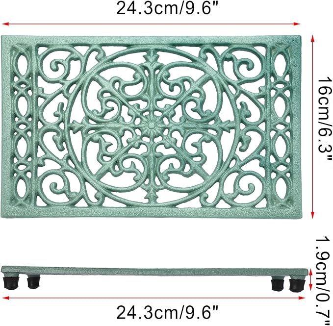 Sumnacon 9.6 x 6.3 Inch Cast Iron Trivet, 2 Pack Metal Trivets with Rubber Feets,Iron Trivet for Hot Dish Pot Pan Plate Teapot,Heat Resistant Trivets Cast Iron for Kitchen Cooktop Dining Table, Green