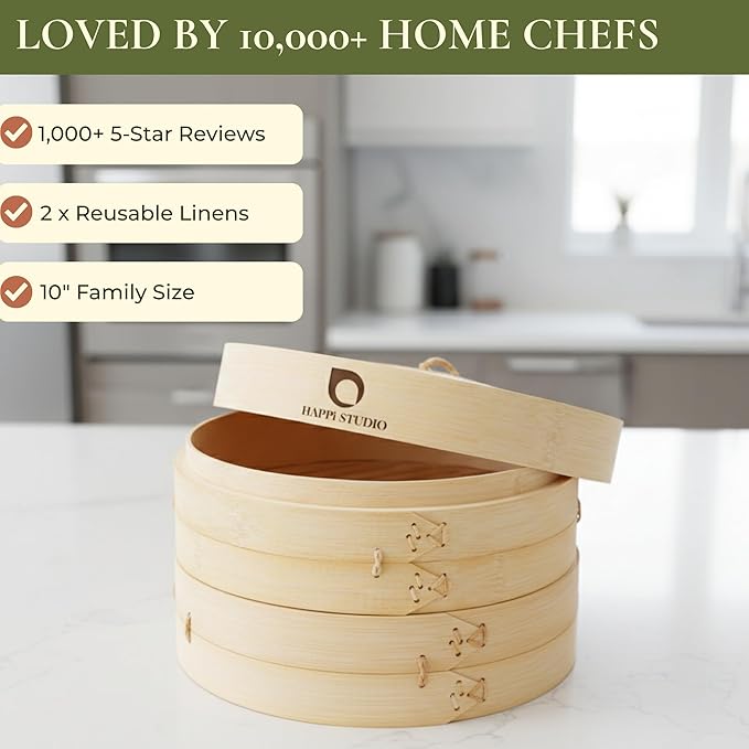 HAPPI STUDIO Bamboo Steamer Basket 10 Inch - 2 Tier Dumpling Steamer for Cooking Dim Sum Bao Buns Momo Rice Vegetables - Chinese Basket for Dumplings with Lid - Japanese Steam Baskets