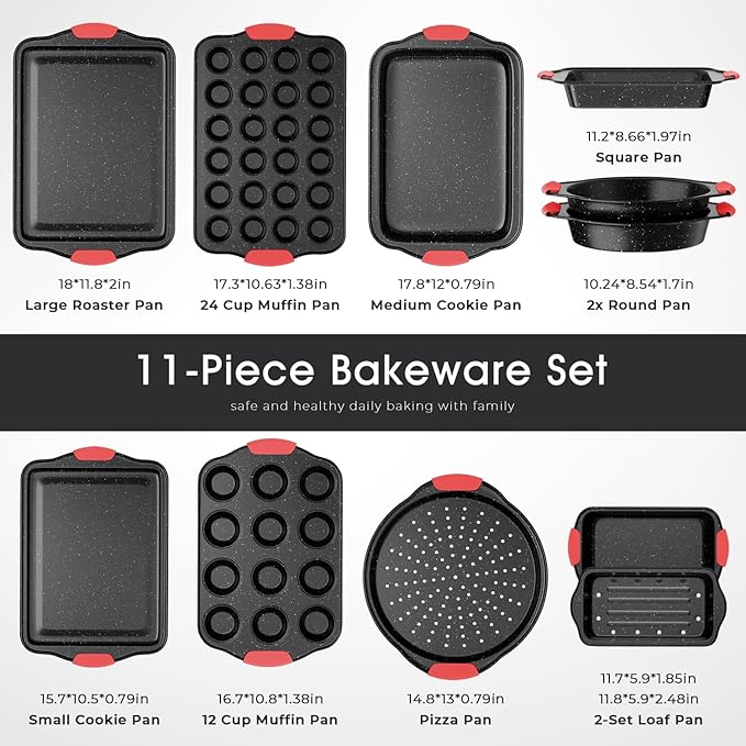 11-Piece Nonstick Stackable Baking Pans Set, Toxin-Free Bakeware Sets, Baking Pan Set with Silicone Handles, Includes Cookie Sheets, Loaf Pan, Pizza Pan, Muffin Pan, Red&Black