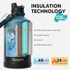Swigina [2-IN-1 LID] Gallon Insulated Water Bottle with Silicone Boot (48hrs Cold/24hrs Hot) - DIY Stickers, Leakproof, BPA Free, 128 oz