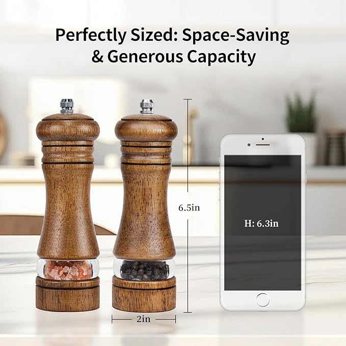 Haomacro Wood Salt and Pepper Grinder Mills Set, Classic Manual Pepper Grinder Salt Grinder Refillable Pepper Mill Sets with Acrylic Visible Window Adjustable Ceramic Grinding Rotor 6.5inch 2 Pack