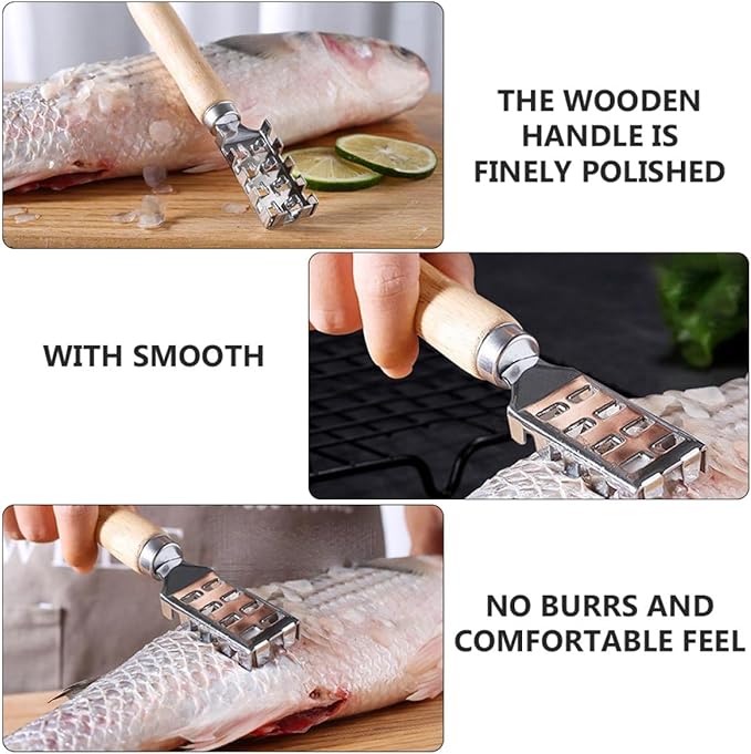 Abaodam 2pcs Fish Scale Scraper Wooden Handle Fish Cleaning Tool Seafood Scale Remover Kitchen Specialty Gadget