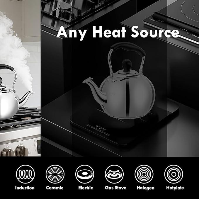 Stovetop Tea Kettle with Whistle - 2.0 Quart 18/8 Stainless Steel Tea Pot for Gas Stove & Electric Coil Stovetop, Food-Safe, Easy-Pour Spout, Mirror Polished Classic Water Kettle