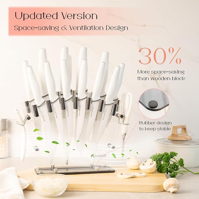 Astercook Knife Set with Block and Sharpener, 22 Piece Kitchen Knife Set Dishwasher Safe, Space-Saving Clear Knife Block with Knives for Everyday Home Cooking White