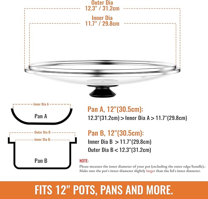 12 Inch Pan Lid For Pots Pans and Skillets, Cast Iron Skillet Lid, Large Tempered Glass Pan Lids, Replacement Pan Cover for Frying, Crock Pot Lid with Stainless Steel Rim, Cookware Pot Covers