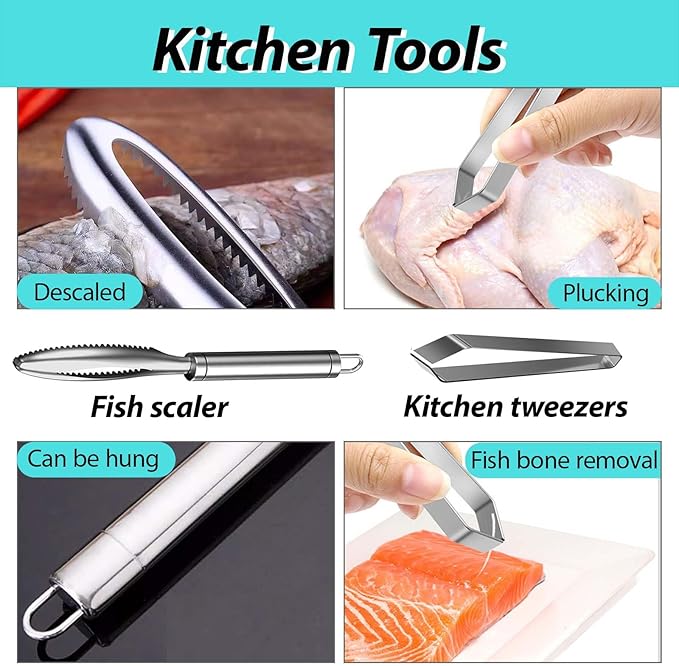 6 Shrimp Deveining Tool Stainless Steel, FRIVASTIC Shrimp Peeler Fish Scraper, Fish Scaling Tool Shrimp Cleaner, Fish Bone Tweezers Fish Cleaning Knife, Pin Bone Tweezers for Salmon Shrimp Fish