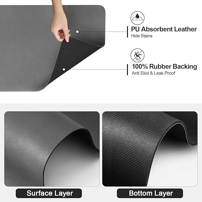 Ecotrim - Dish Drying Mat for Kitchen Counter | Coffee Bar Mat for Countertops | Heat Resistant Drainer Mat with Non-slip Rubber Backed | Hide Stain Kitchen Absorbent Draining Mat | Dark Grey 16"x20"