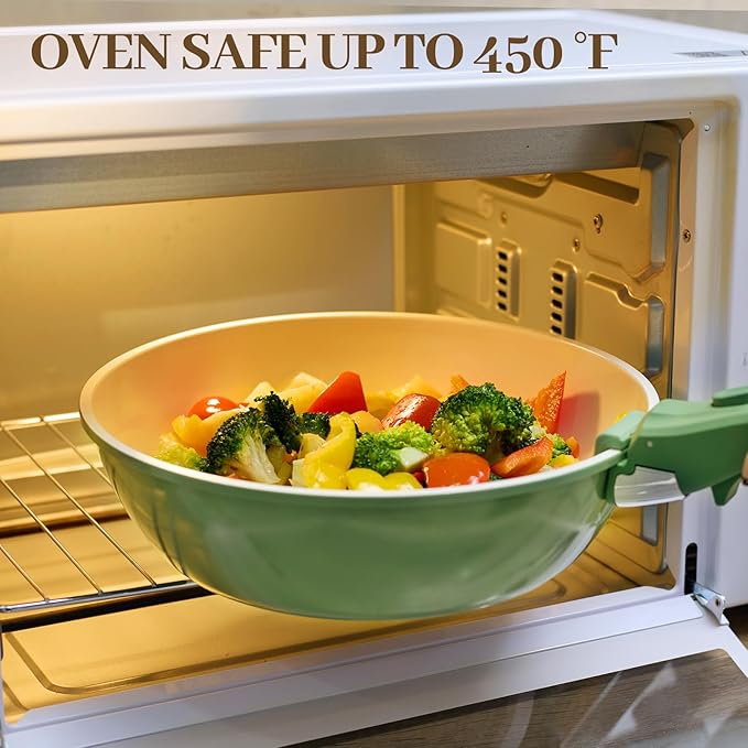 Ceramic Cookware Set 23Pcs Non Stick Pots and Pans Non Toxic with Detachable Handle Induction Kitchen Cookware Set Space Saving, Oven & Dishwasher Safe, Forest Green