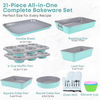 21-pieces Stackable Nonstick Bakeware Set, PTFE/PFOA/PFOS Free Baking Pans Set with Silicone Cup, Oven Mitt, Complete Kitchen Baking Kit for Cake & Loaf, Cookies, Cupcakes