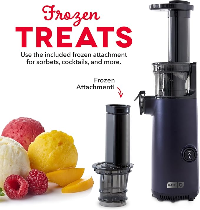 DASH Deluxe Compact Masticating Slow Juicer, Easy to Clean Cold Press Juicer with Brush, Pulp Measuring Cup, Frozen Attachment and Juice Recipe Guide - Black