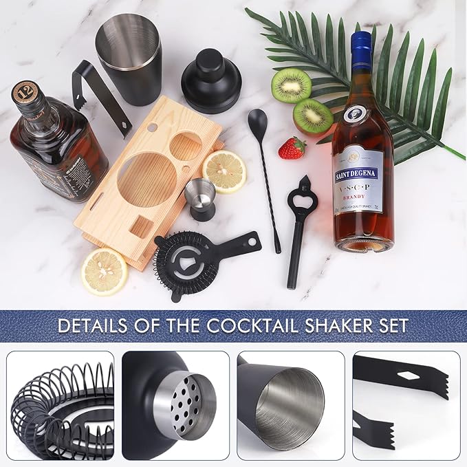 JNWINOG Cocktail Shaker Set Stainless Steel Bartending Kit 18.6oz Cocktail Bar Set Cocktail Mix Drink Making Kit Professional Bar and Home Drink Bar Tools for Bartender (Matte Black, 7Pcs)