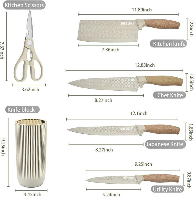 Knife Set, 6 Pieces Professional Kitchen Knife Set with Universal Knife Block, Super Sharp Knife Block Set with Ergonomic Handle Non-stick Stainless Steel Knife Block Set (Khaki)