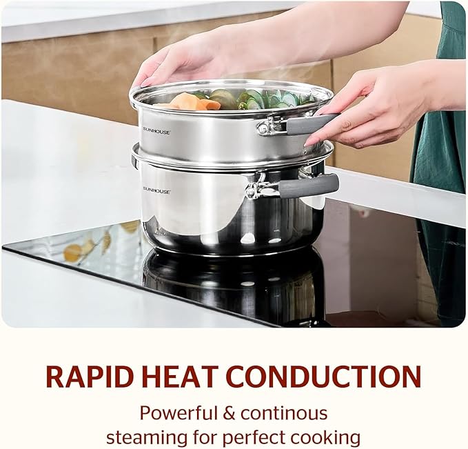 SUNHOUSE 3 Quarts Steamer Pots With Lid, 2-Tier Multipurpose Stainless Steel Steaming Pot Cookware With Stay-Cool Handles, Tri-ply Bottom, Compatible with All Cooktops
