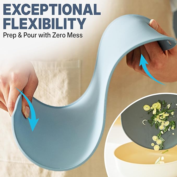 TPU Cutting Board Set of 2 11" x 16" with Handle Juice Groove - Flexible Cutting Mats for Kitchen, Knife Friendly Non-Slip Chopping Board, Scratch Resistant Blue Gray
