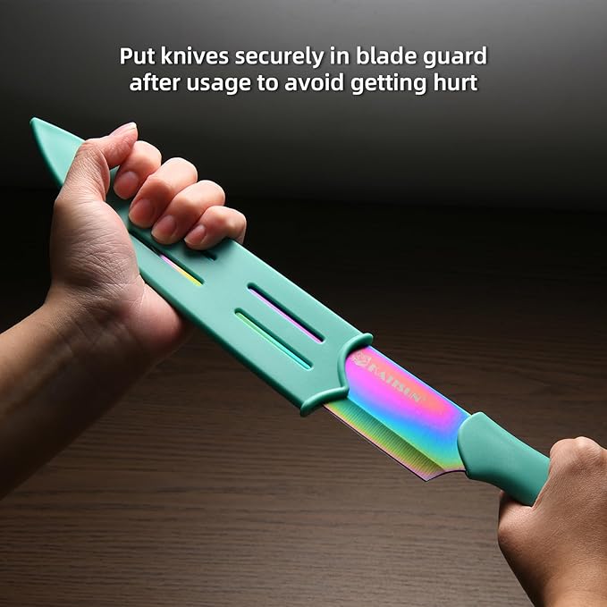 Kitchen Knife Set with Guards, 13 Piece Rainbow Titanium Coated Stainless Steel Boxed Knives Set, Anti-Rust and Dishwasher Safe, 6 Knives with 6 Blade Covers and Kitchen Shears