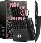 Knife Set - 15 PCS Kitchen Knife Set with Built-in Knife Sharpener Block - Stainless Steel Knife Block Set - Dishwasher Safe, Elegant Box for Her Women Wife, Valentines Day, Pink
