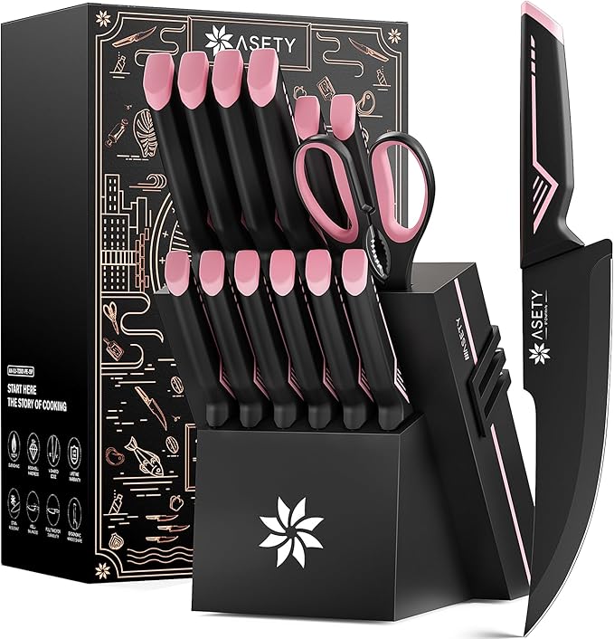 Knife Set - 15 PCS Kitchen Knife Set with Built-in Knife Sharpener Block - Stainless Steel Knife Block Set - Dishwasher Safe, Elegant Box for Her Women Wife, Valentines Day, Pink