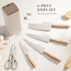 Astercook Knife Set, 6-Piece Kitchen Knife Set with Block, High Carbon Stainless Steel Ultra Sharp Kitchen Knives, Wood Grain Handle, Dishwasher Safe Knife Block Set, Khaki