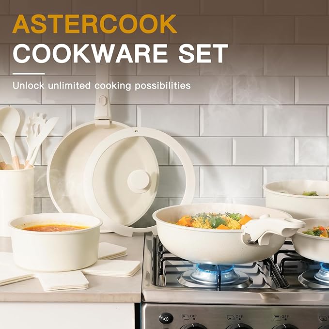 Astercook Ceramic Non-stick Cookware 21 Pcs Pots and Pans Set, Detachable Handle, RV Kitchen Non Stick Cooking Set Removable Handles, Oven Safe, Induction Ready, Stackable, Cream White