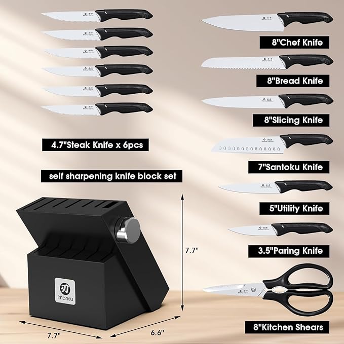 imarku Knife Set with Block, Sharp Knives Set with Built-in Sharpener, Stainless Steel Kitchen Knife Sets with Non-Slip Ergonomic Handle, Dishwasher Safe, 14 PCS Professional Knife Set for Gift, Black