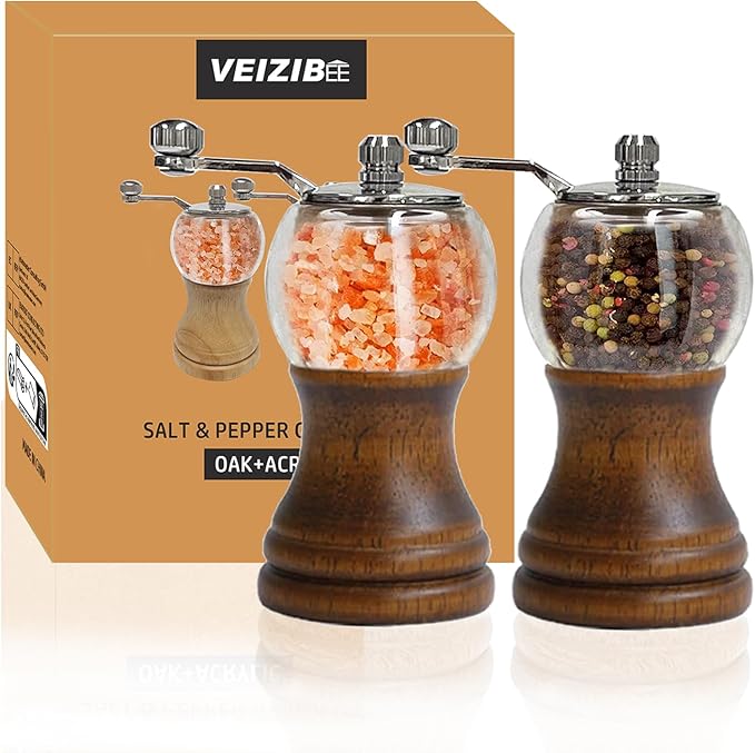Salt and Pepper Grinder Set with Handle Crank Acrylic Manual Salt and Pepper Mills Black Pepper Spice Grinders Ceramic Core, Stainless Steel Handle, Adjustable Coarseness (Walnut 2pcs-5in)