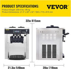 VEVOR Commercial Ice Cream Machine 5.3 to 7.4Gal per Hour Soft Serve with LED Display Auto Clean 3 Flavors Perfect for Restaurants Snack Bar, 2200W, Sliver