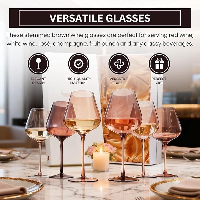 Venus Wine Glass Sets, 20oz Glasses Set of 6 Melanin Brown Colored for Her, Mom, Wife, Girlfriend, Mama, Special Celebrations Color Drinkware Unique Style Tall Stemmed Amber Colors Bronze Glassware