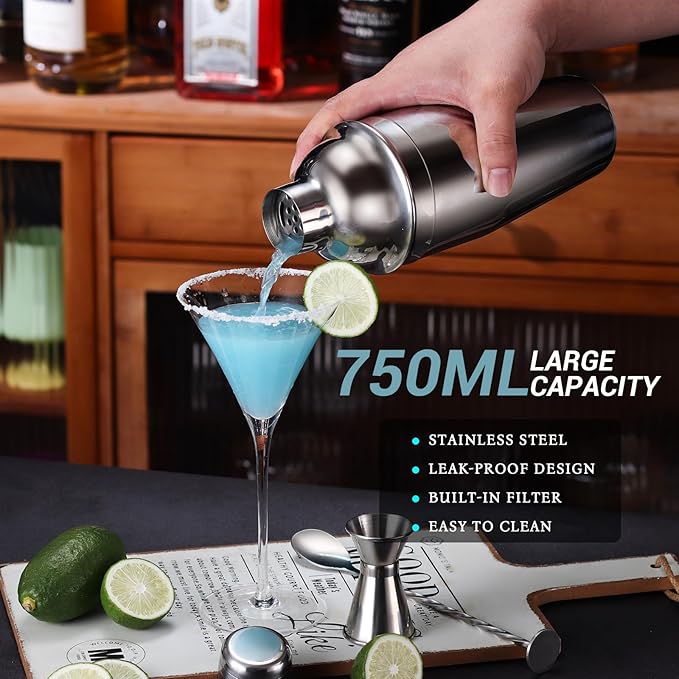 Cocktail Shaker Set Bartender Kit with Stand, 12 Piece Drink Mixer Set with Stainless Steel Bar Accessories Tools: 25oz Martini Shaker Jigger Strainer Spoon Muddler for Cocktails (Silver)