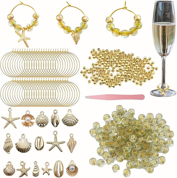 50 Sets Wine Glass Charms, Wine Charms for Stem Glasses, DIY Reusable Drink Markers for Weddings & Bachelorette with Alphabet Beads